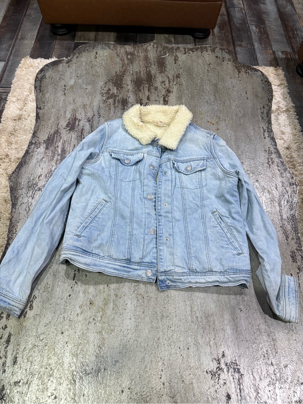 Cat & Jack Light Blue Denim Jean Jacket with Cream Sherpa Collar